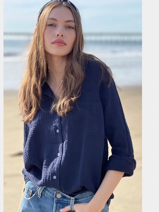 Felicite Tops - NWT - Felicite Navy Boyfriend Cotton Button-Down Shirt